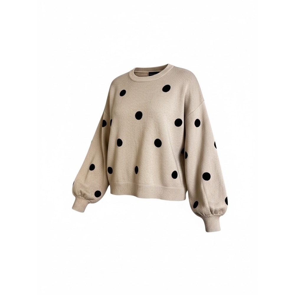 Premise Tan Black Polka Dot Balloon Sleeve Crew Neck Pullover Sweater Medium